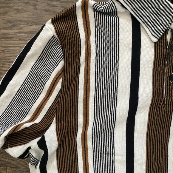 Express Men’s Vertical Stripe Polo Shirt Brown Black White Collared Short Sleeve - Picture 4 of 4